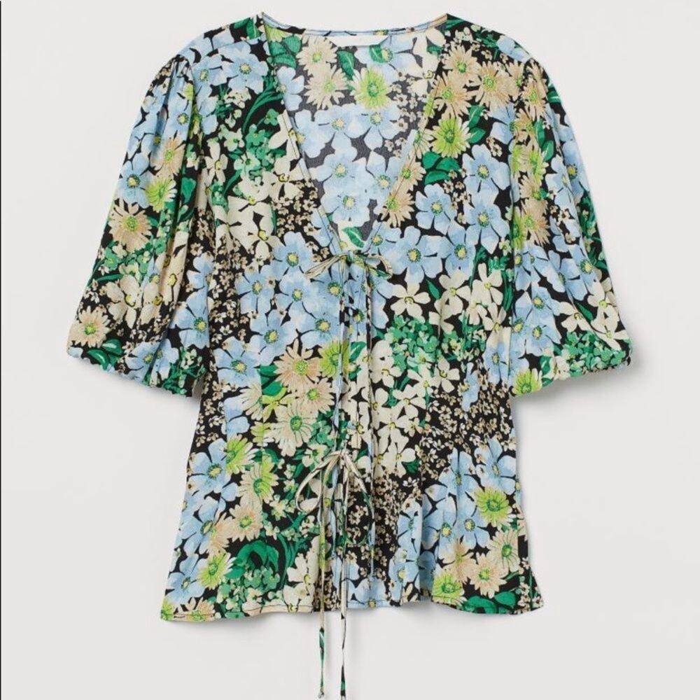 H&M Blue Green Floral V-Neck Button Down Tie Blouse Top Puff Sleeves Size XXS